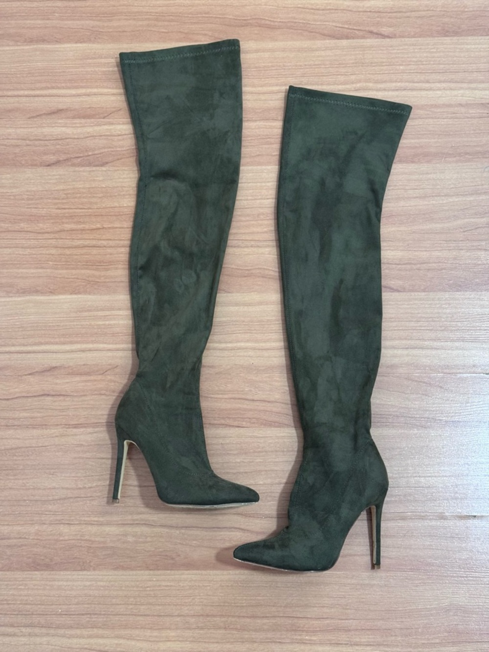 Green Suede Thigh High Stiletto Boots Size 6 Pointed Toe Over The Knee Heels